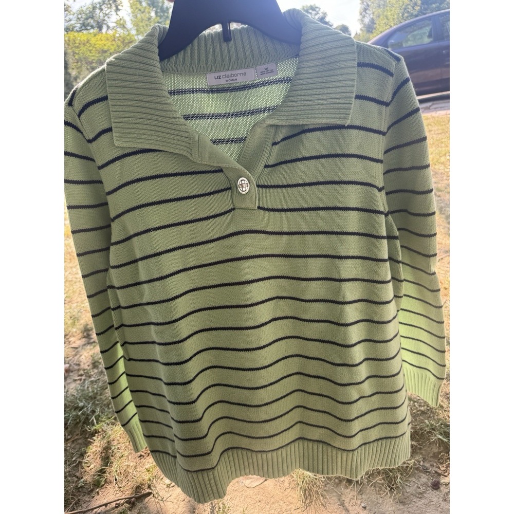 Vtg Liz Claiborne Women's Sweater Sz 1X Green Striped Collar Long‎ Sleeve Cotton